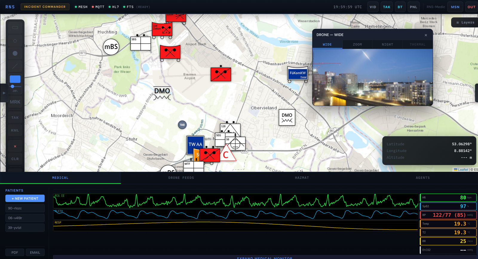 RNS Incident Commander with integrated patient monitoring: tactical map with NATO symbols, drone feed, ECG waveforms and vital signs panel at the bottom